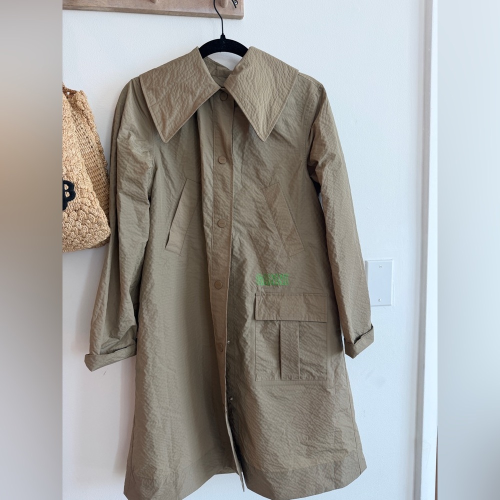 Ganni Olive Trench Coat with Wide Collar